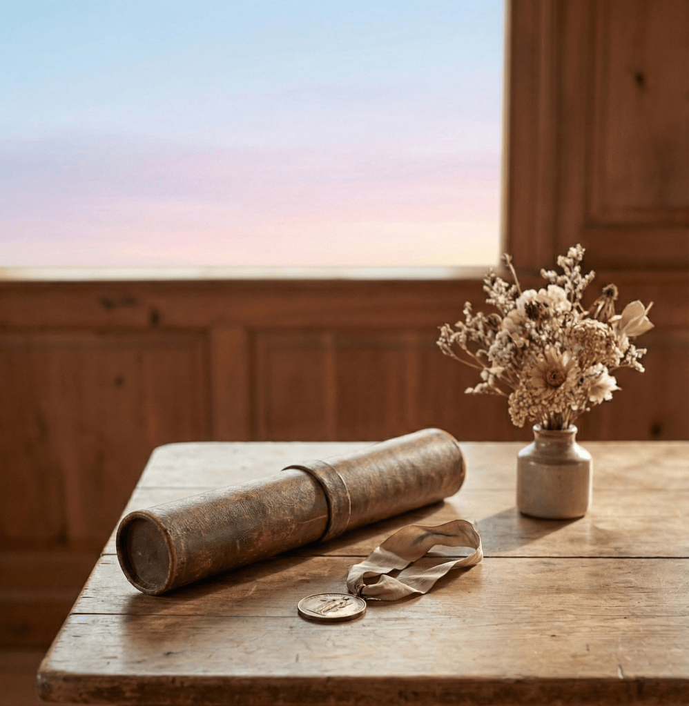 나무 테이블 위에 놓인 오래된 두루마리, 메달, 꽃병과 건조한 꽃다발이 있는 이미지