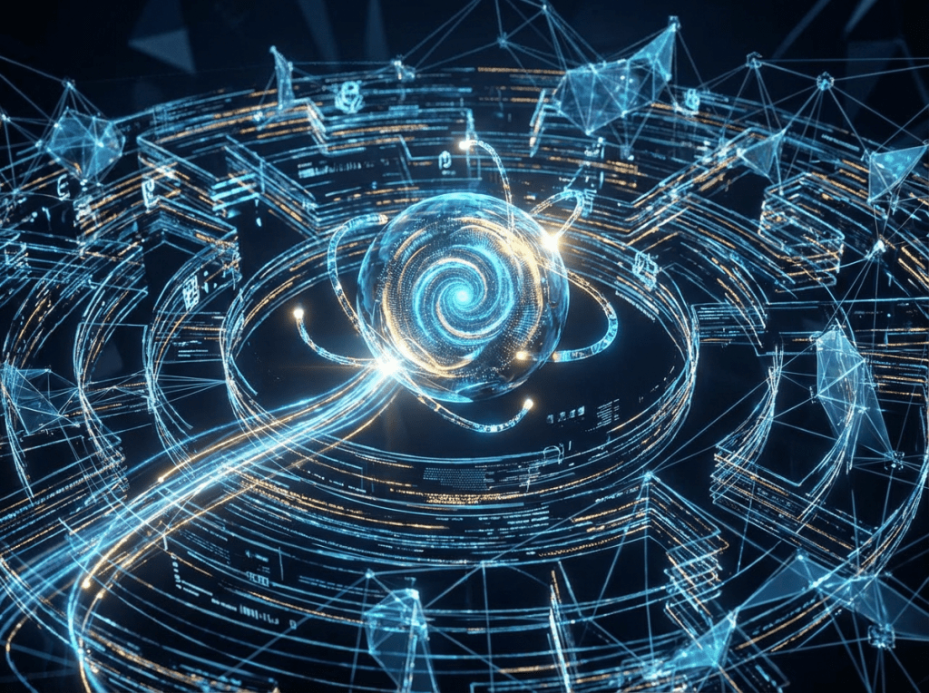 A glowing central sphere surrounded by concentric rings of digital data and glowing connections.